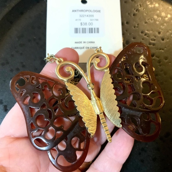 ANTHROPOLOGIE NECKLACE NWT UNIQUE BUTTERFLY- LONG Tortoise Shell Boho Retro Vibe - Picture 9 of 12